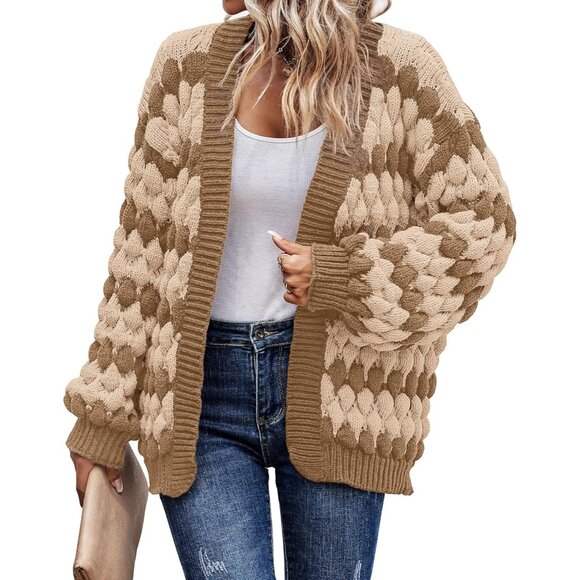 Sweaters - Womens Chunky Knit Cardigan Open Front Lantern Sleeve Color Block Cozy Sweater